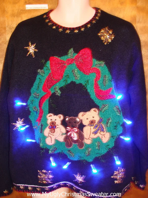 Teddy Bears in a Wreath Light Up Ugly Xmas Sweater