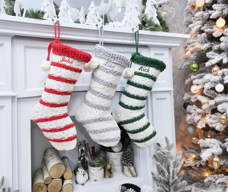 Christmas Gingerbread Bouclé Textured Christmas Stockings with Stripes and Pom Poms Red Green Grey Handmade Style Cute Whimsy Stocking Personalized Embroidered Christmas Gingerbread Bouclé Textured Christmas Stockings with Stripes and Pom Poms Red Green Grey Handmade Style Cute Whimsy Stocking Personalized Embroidered