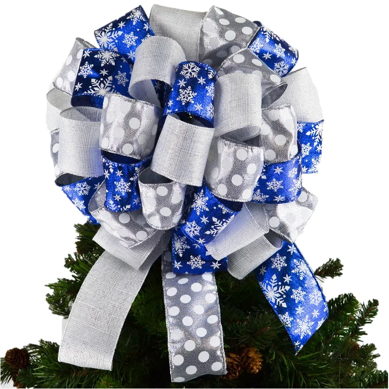 Christmas Holiday Excitement Christmas Tree Bow Topper with Tails | Winter Decor | Royal Blue Silver White