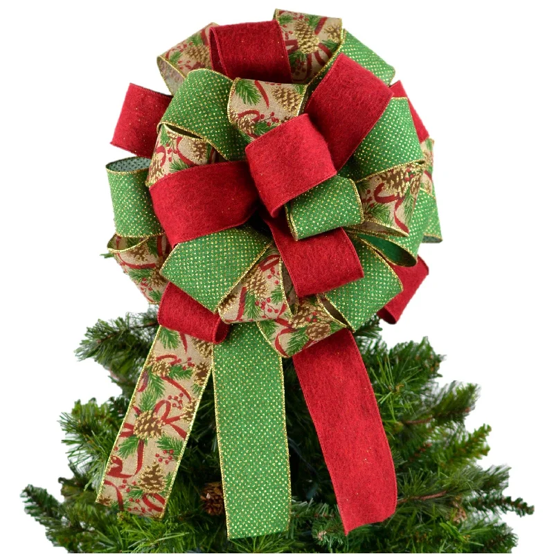 Holiday Fun Christmas Tree Topper Bow with Holly Berries | Red Burlap Green