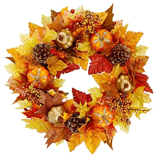 Christmas Candles Twinkle Star 16" Fall Wreath, Autumn Harvest Wreath, Pumpkins and Artificial Maple Leaves, Pine Cone and Berries, for Front Door Wall Indoor Outdoor Halloween Thanksgiving Decorations