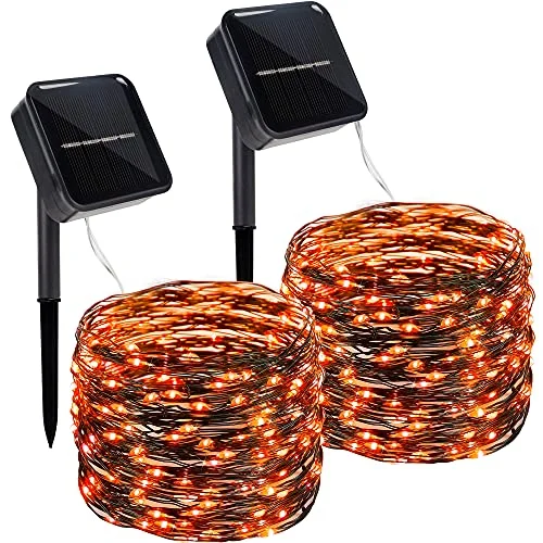 Christmas Tree Decorations Twinkle Star 2 Pack Outdoor Solar String Lights, 39.4 FT 120 LED Solar Powered Decorative Fairy Lights with 8 Modes, Waterproof Black Wire Light for Thanksgiving Patio Yard Trees Party, Orange