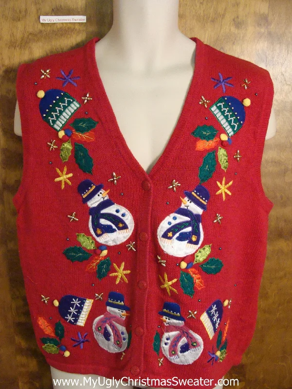 Christmas Gingerbread House Ugly Red Christmas Sweater Vest with Snowmen