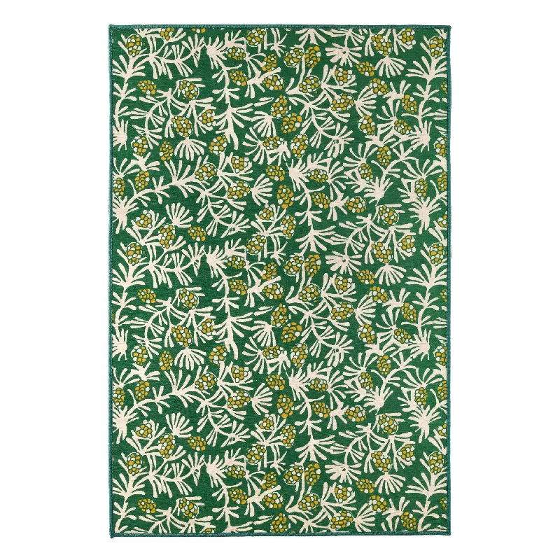 Christmas Family Fun Winter Pinecones Green Machine Washable Rug