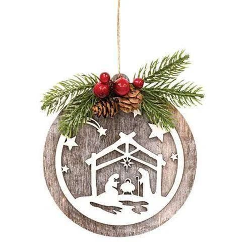 Christmas Holiday Songs Wooden Nativity Ornament w/Pine