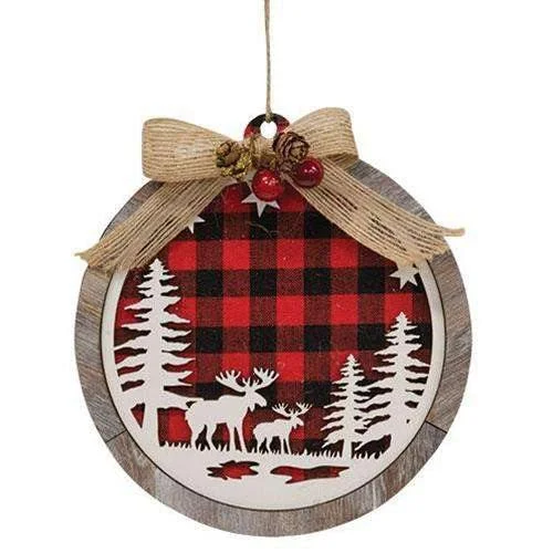 Christmas Shopping Wooden Red & Black Plaid Moose Scene Ornament