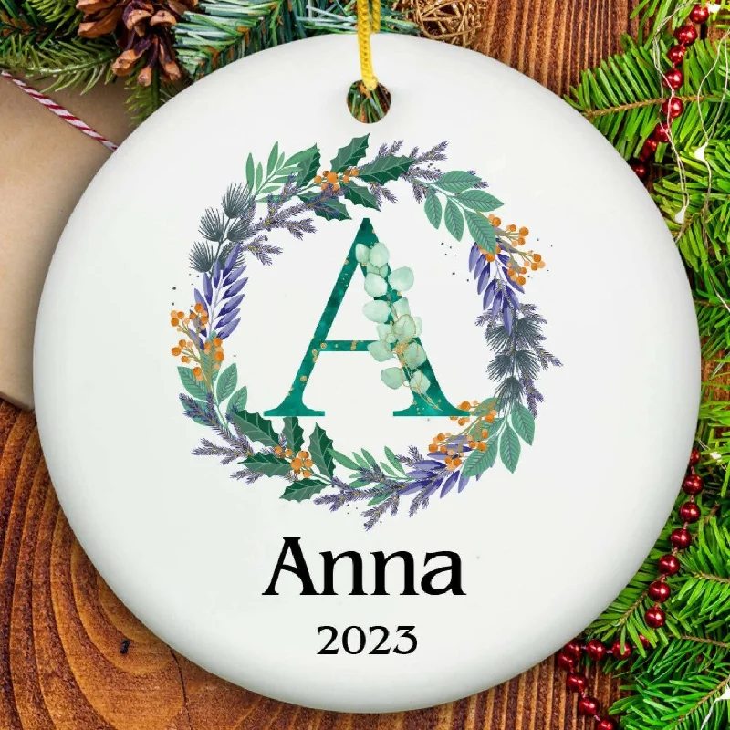 Christmas Winter Nights Wreath Name Ornament - Ceramic